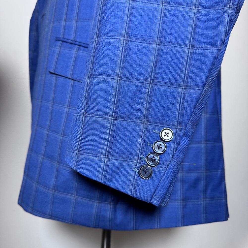 Tiglio Rosso 3-Piece Suit Mens 48R W42 Blue Windowpane Virgin Wool Peak Lapel - Picture 3 of 7